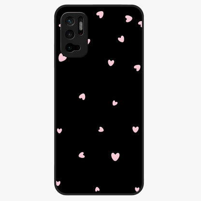 Pink Love Drops Glass Case showing flat back view with playful pink heart drops artwork and glossy glass finish.