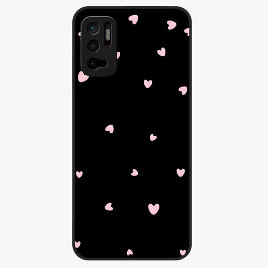 Pink Love Drops Glass Case showing flat back view with playful pink heart drops artwork and glossy glass finish.