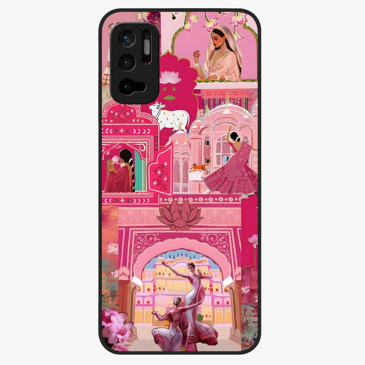 Pink Palace Muse Glass Case showing flat back view with elegant palace inspired artwork and glossy glass finish.