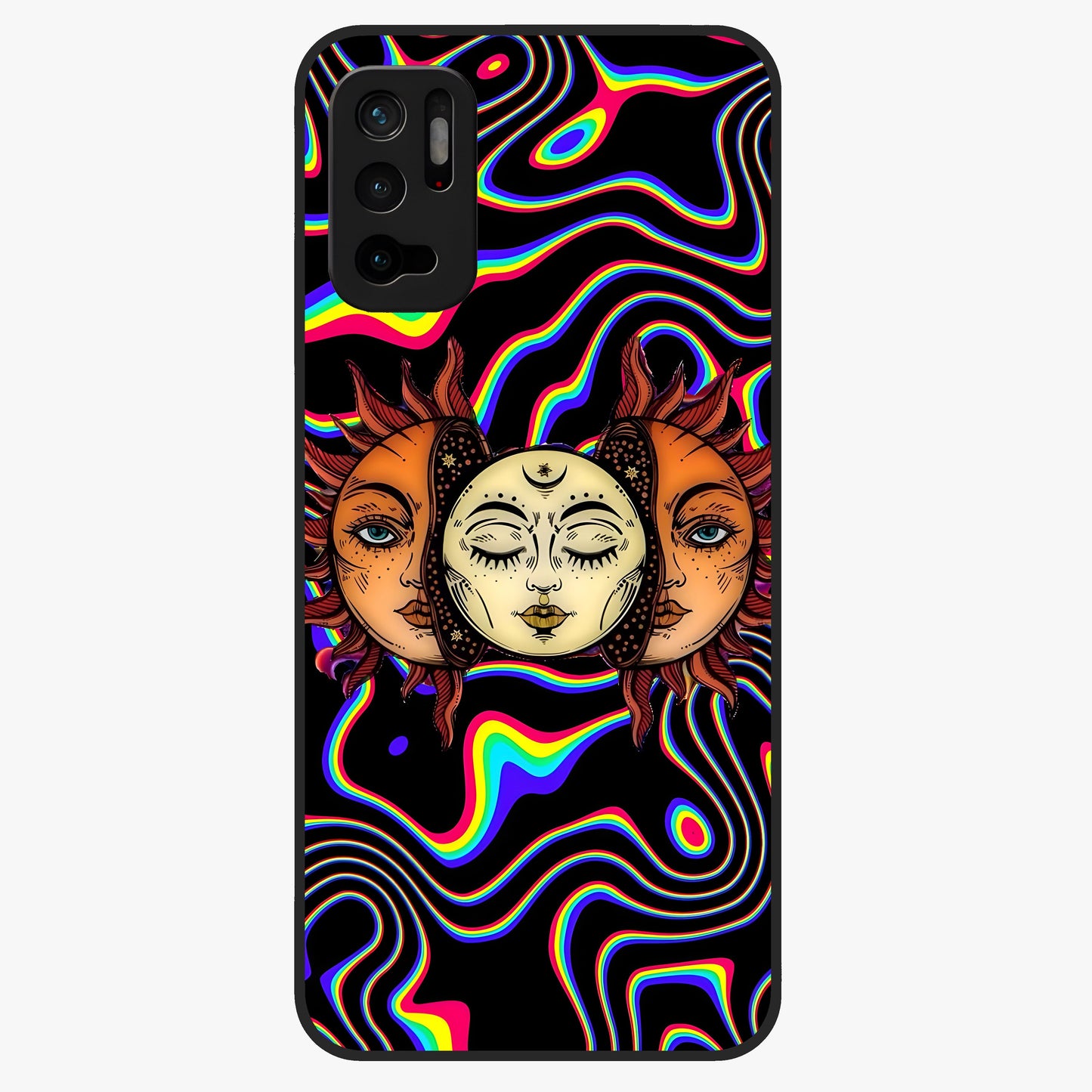 Psychedelic Sun Glass Case showing flat back view with colorful psychedelic sun artwork and glossy glass finish.