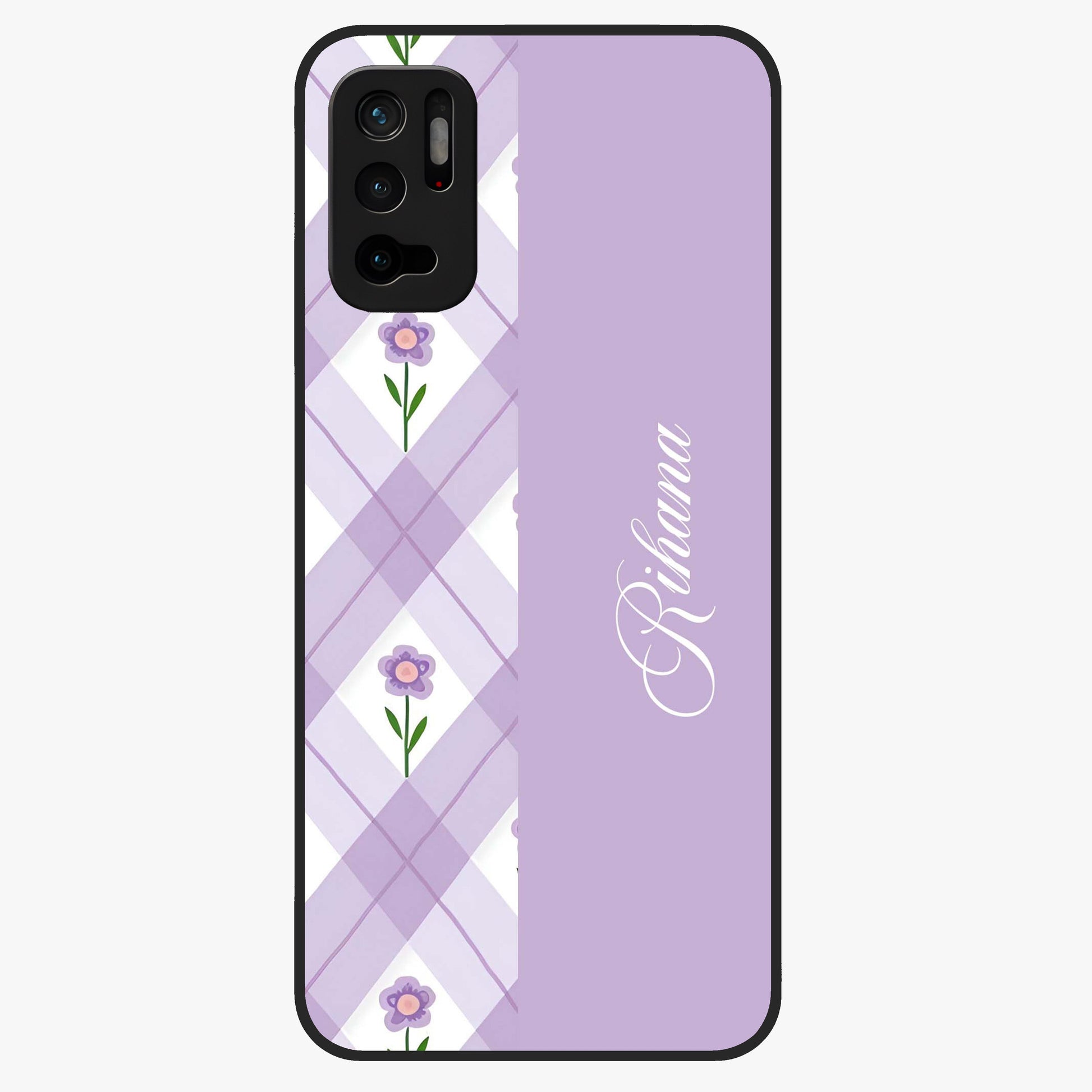 Purple Diamond Floral Glass Case showing flat back view with diamond shaped floral artwork and glossy glass finish.