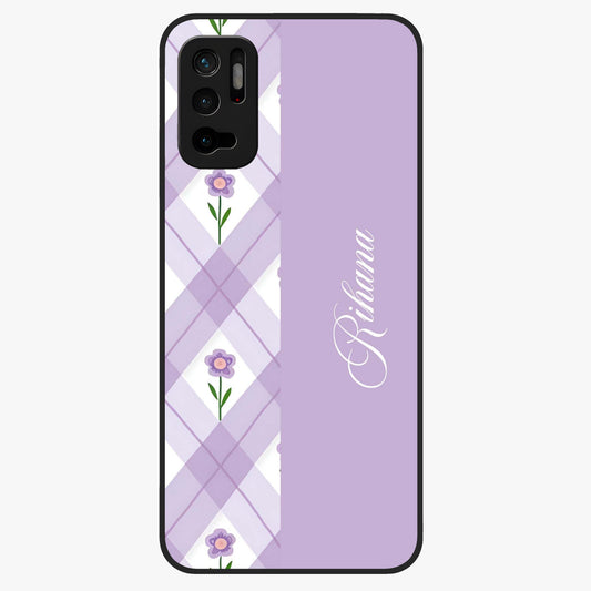 Purple Diamond Floral Glass Case showing flat back view with diamond shaped floral artwork and glossy glass finish.