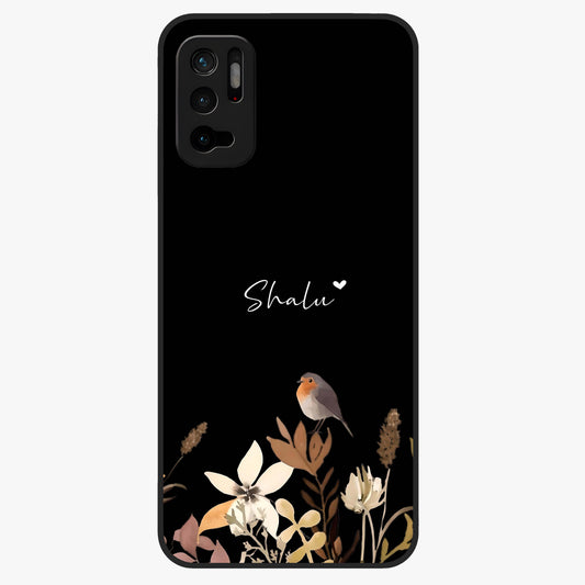 Quiet Garden Tune Custom Name Glass Case showing flat back view with peaceful garden artwork and personalized name design.