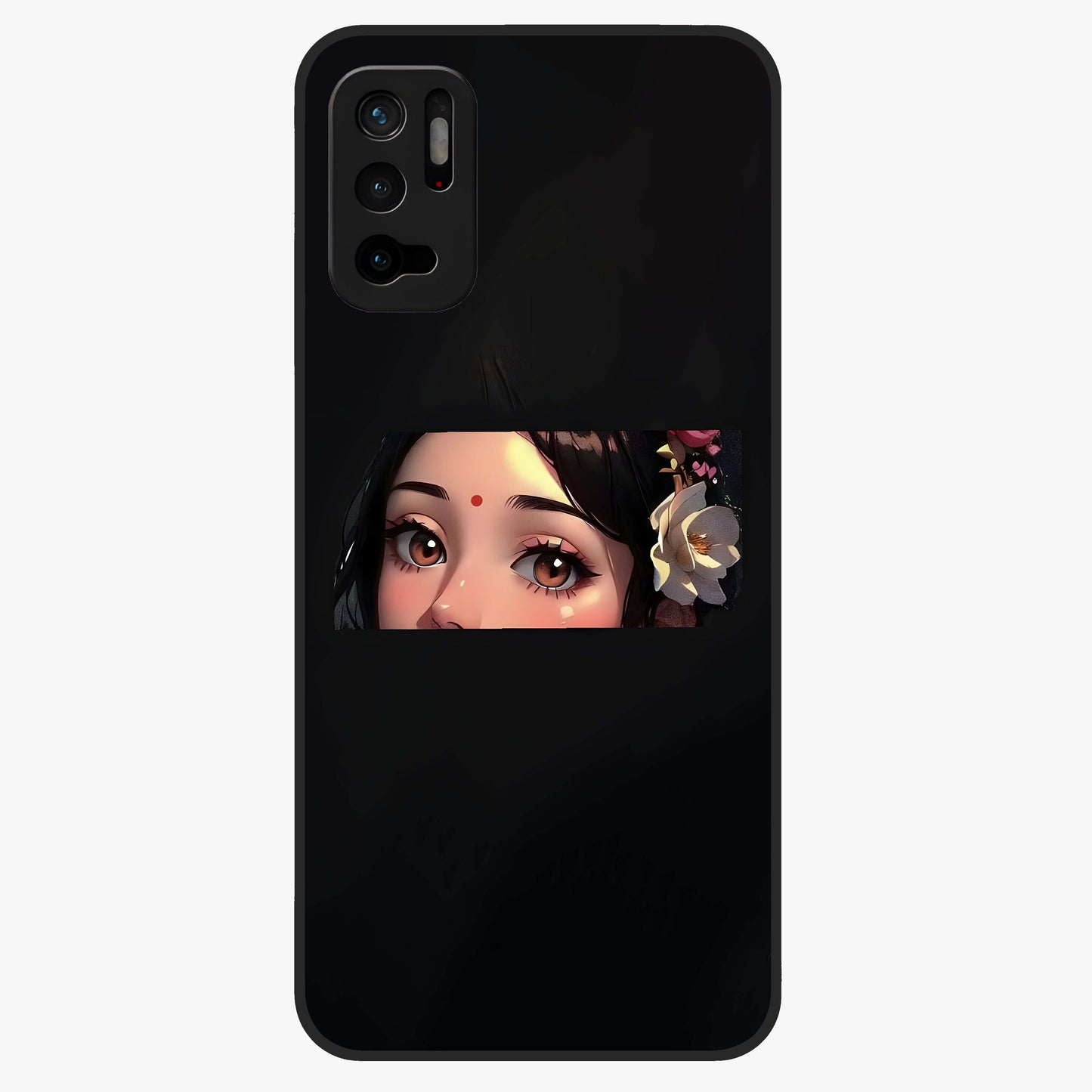 Radha Divine Embrace Glass Case showing flat back view with devotional Radha artwork and glossy glass finish.