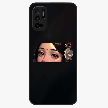 Radha Divine Embrace Glass Case showing flat back view with devotional Radha artwork and glossy glass finish.