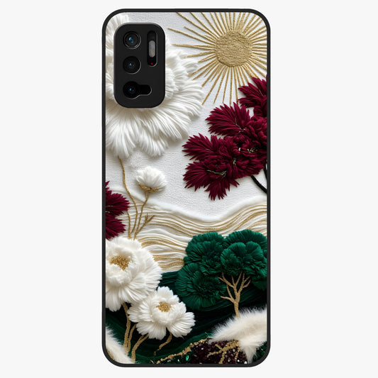 Radiant Bloom Elegance Glass Case showing flat back view with elegant blooming flower artwork and glossy glass finish.