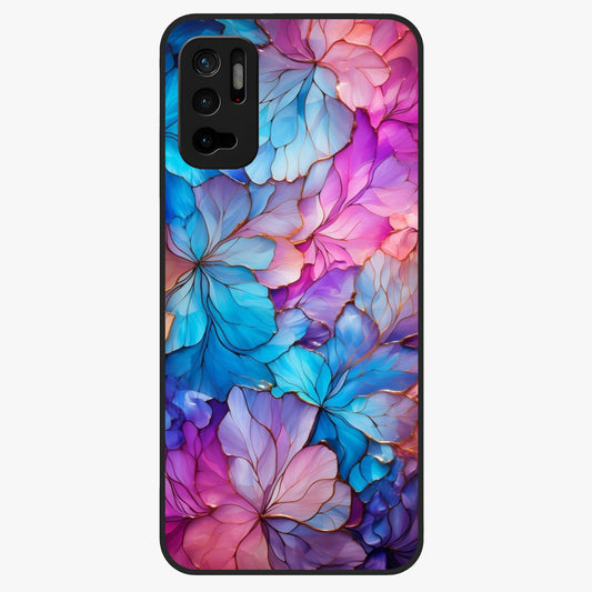 Radiant Floral Whirl Glass Case showing flat back view with swirling floral artwork and glossy glass finish.