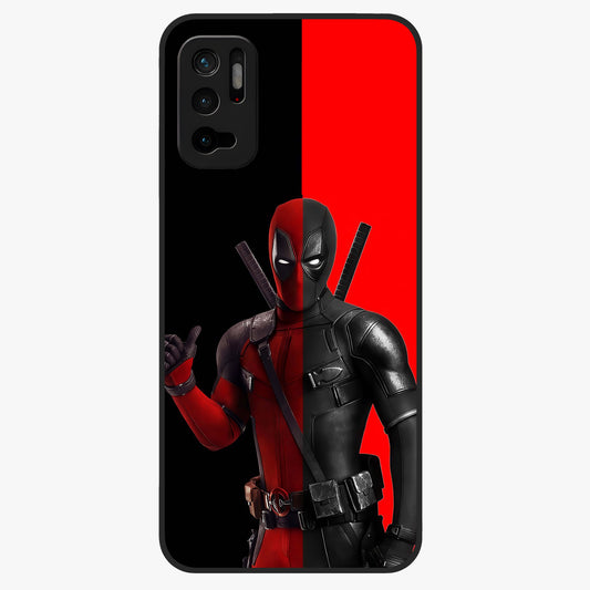 Red & Black Deadpool Theme Glass Case showing flat back view with bold comic inspired artwork and glossy glass finish.