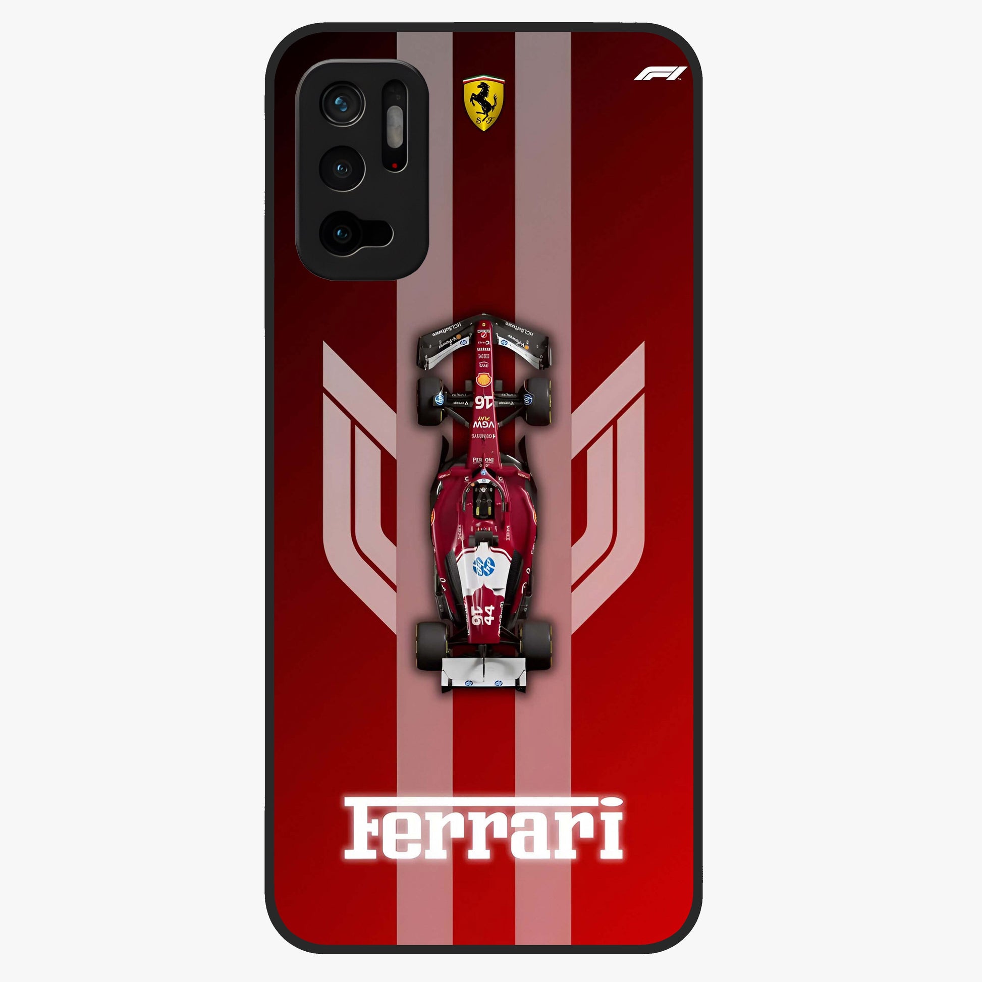 Red Ferrari F1 Vertical Glass Case showing flat back view with sleek Formula racing car artwork and glossy glass finish.