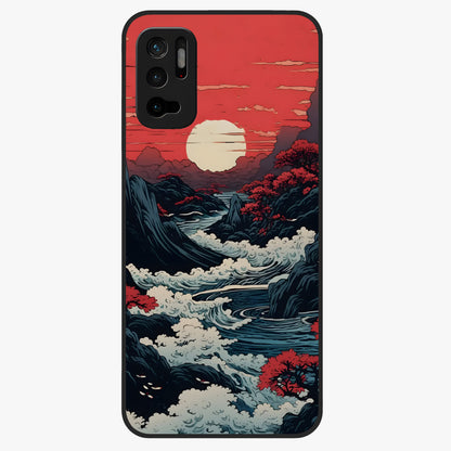 Red Sunset Scenery Glass Case showing flat back view with vibrant sunset landscape artwork and glossy glass finish.