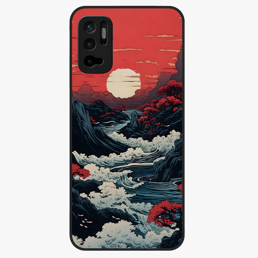 Red Sunset Scenery Glass Case showing flat back view with vibrant sunset landscape artwork and glossy glass finish.