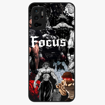 Relentless Power Focus Glass Case showing flat back view with motivational typography artwork and glossy glass finish.