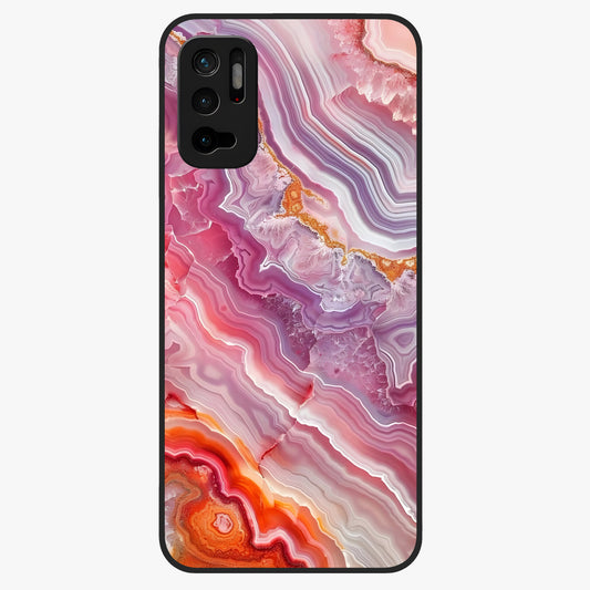 Rose Quartz Marble Glass Case showing flat back view with pink marble quartz texture artwork and glossy glass finish.