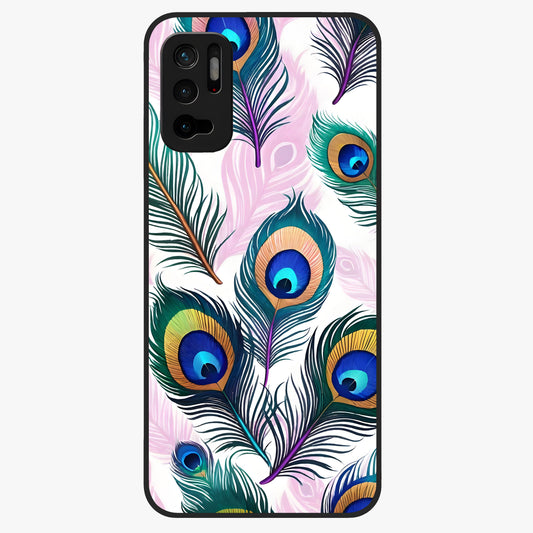 Royal Peacock Feathers Glass Case showing flat back view with colorful peacock feather artwork and glossy glass finish.