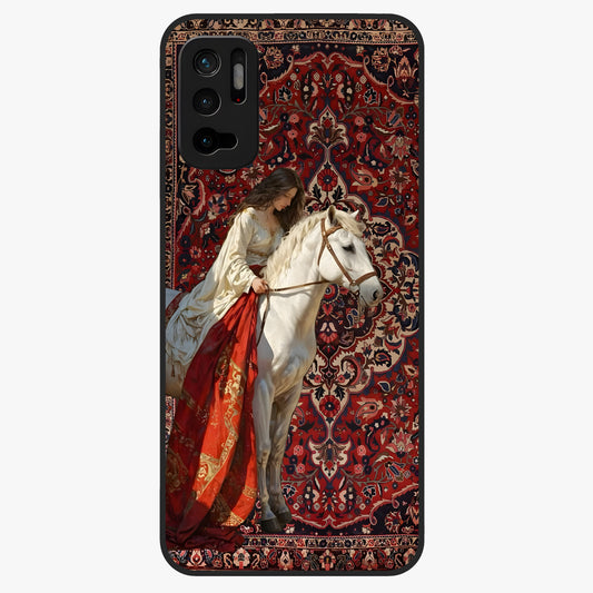 Royal Rider Tapestry Glass Case showing flat back view with majestic horse rider tapestry artwork and glossy glass finish.