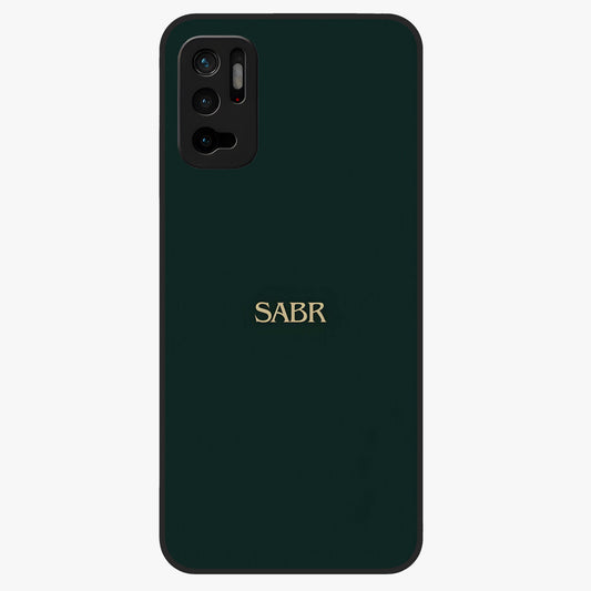 Sabr Minimal Patience Glass Case showing flat back view with minimalist typography artwork and glossy glass finish.