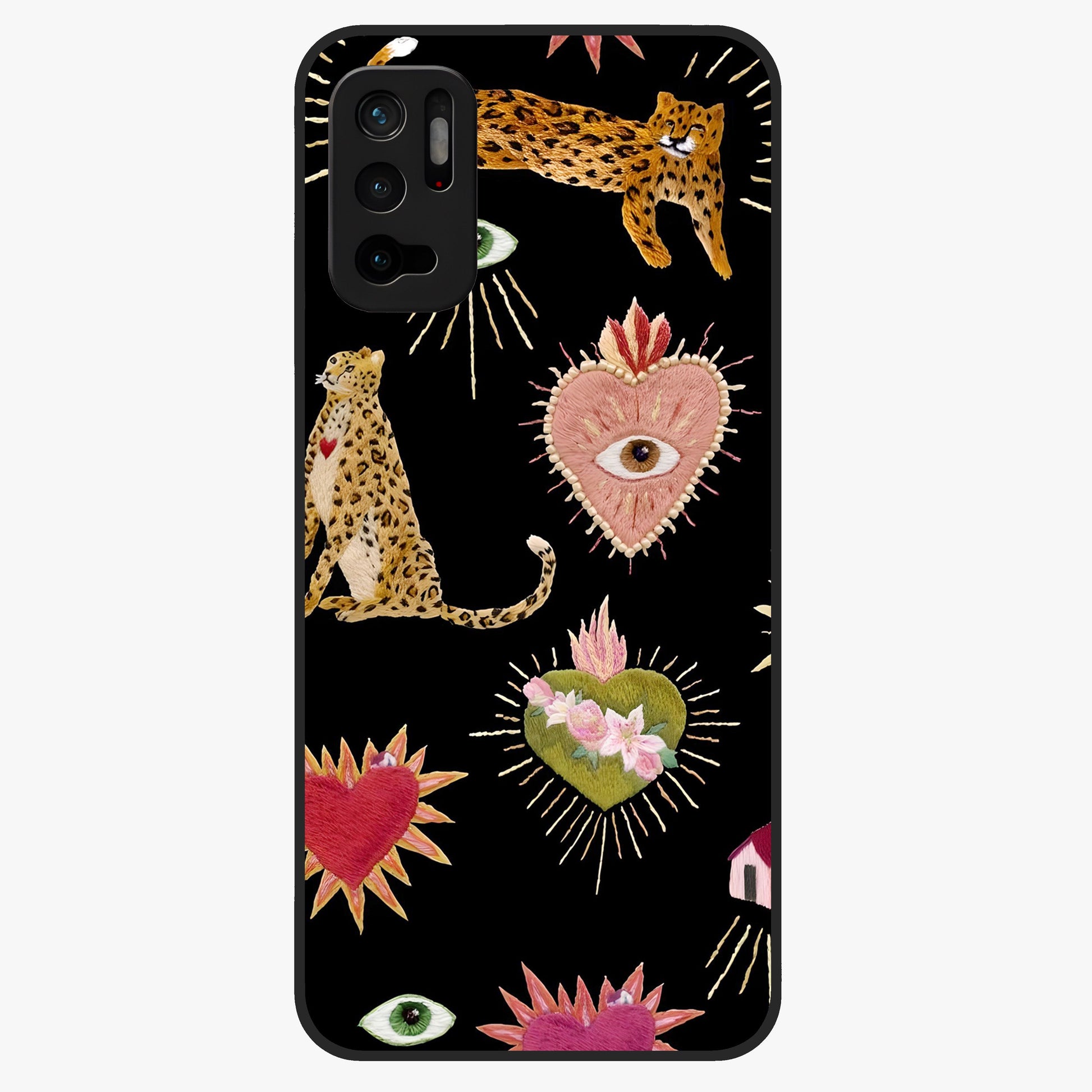 Sacred Jungle Heart Glass Case showing flat back view with jungle inspired heart artwork and glossy glass finish.