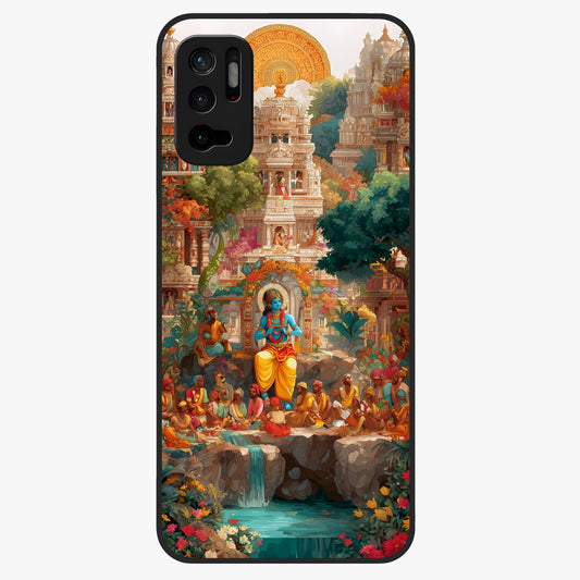 Sacred Sunlight Gods Glass Case showing flat back view with divine sunlight themed artwork and glossy glass finish.