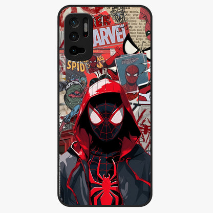 Spider Collage Street Glass Case showing flat back view with vibrant superhero collage artwork and glossy glass finish.