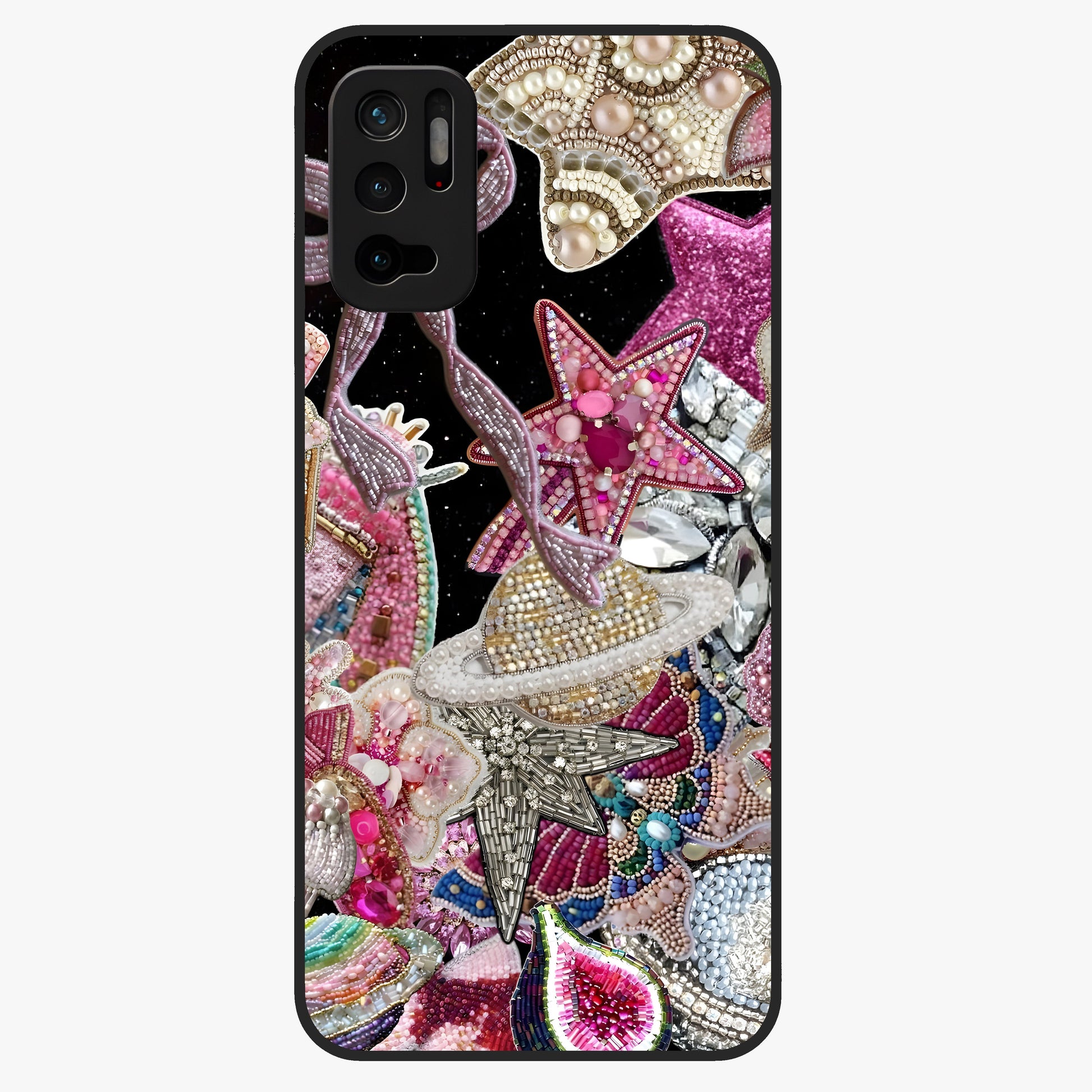 Starlit Jewel Dream Glass Case showing flat back view with sparkling jewel and star themed artwork and glossy glass finish.