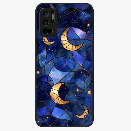 Starlit Sky Tapestry Glass Case showing flat back view with decorative starry sky tapestry artwork and glossy glass finish.