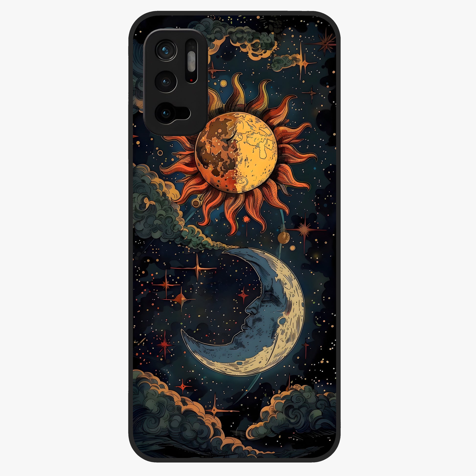 Sun And Moon Magic Design Glass Case showing flat back view with mystical sun and moon artwork and glossy glass finish.