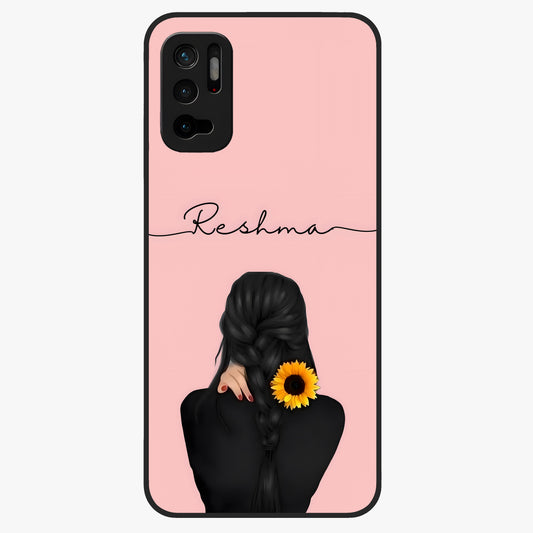 Sunflower Braid Beauty With Custom Name Glass Case showing flat back view with sunflower braid artwork and personalized name design.