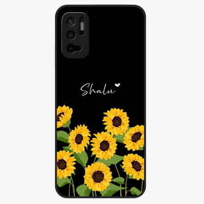 Sunflower Chic Mood Custom Name Glass Case showing flat back view with stylish sunflower artwork and personalized name design.