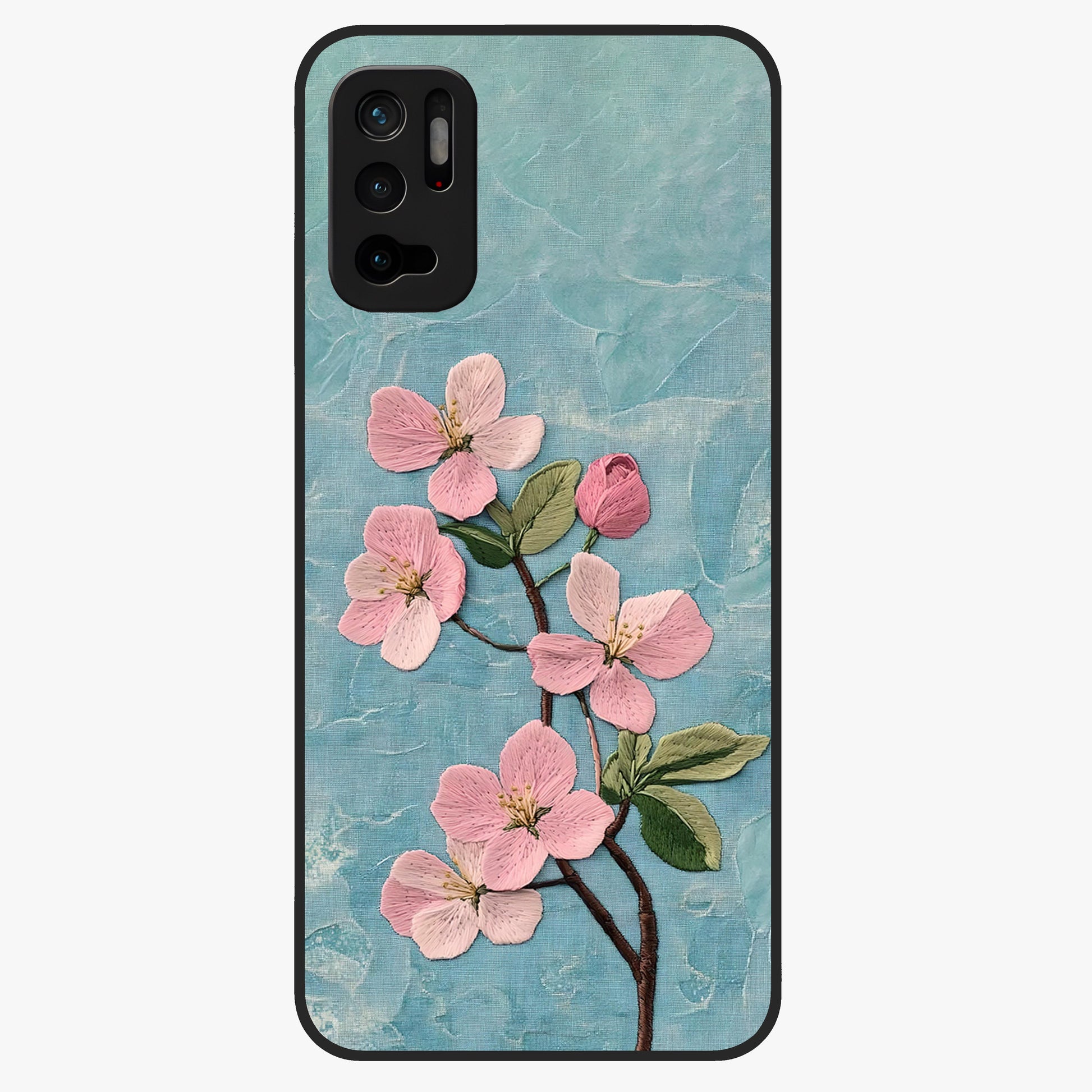 Threaded Blossom Breeze Glass Case showing flat back view with delicate blossom artwork and glossy glass finish.