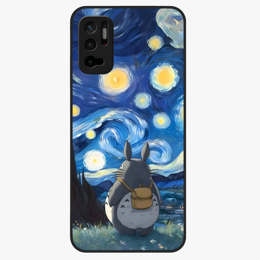 Totoro In Van Gogh Art Glass Case showing flat back view with whimsical character artwork inspired by Van Gogh style and glossy glass finish.