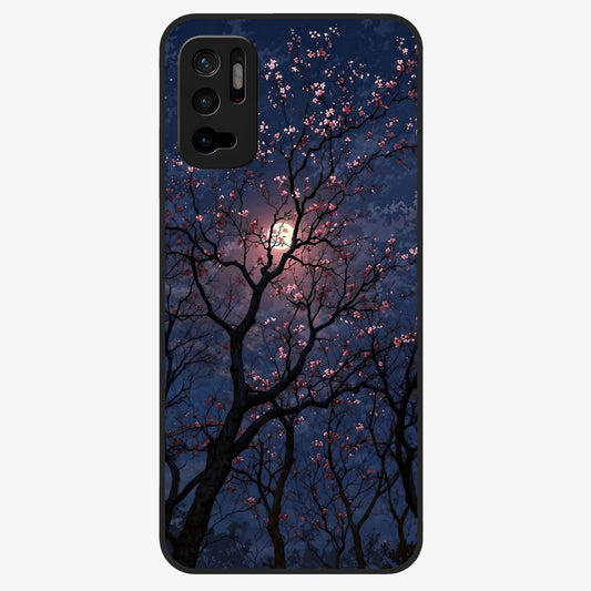 Twilight Sakura Serenade Glass Case showing flat back view with cherry blossom artwork at twilight and glossy glass finish.