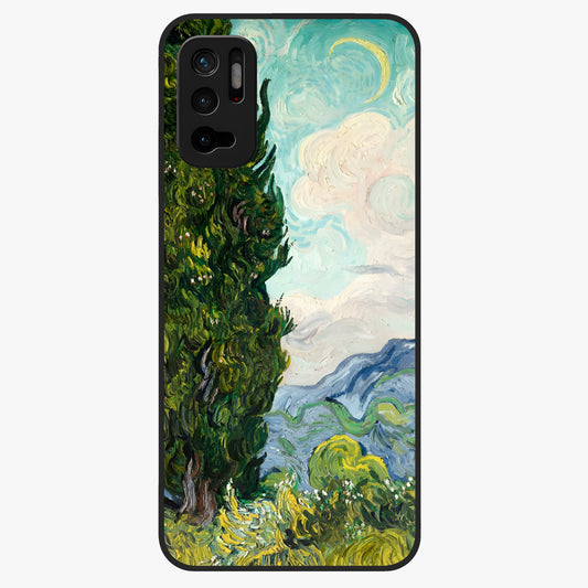 Van Gogh Vintage Art Glass Case showing flat back view with vintage painterly artwork inspired by Van Gogh style and glossy glass finish.
