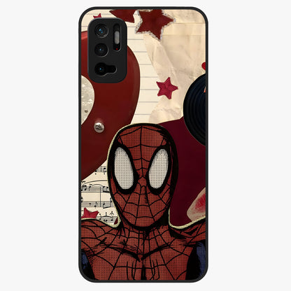 Web Warrior Vibes Glass Case showing flat back view with superhero inspired web themed artwork and glossy glass finish.