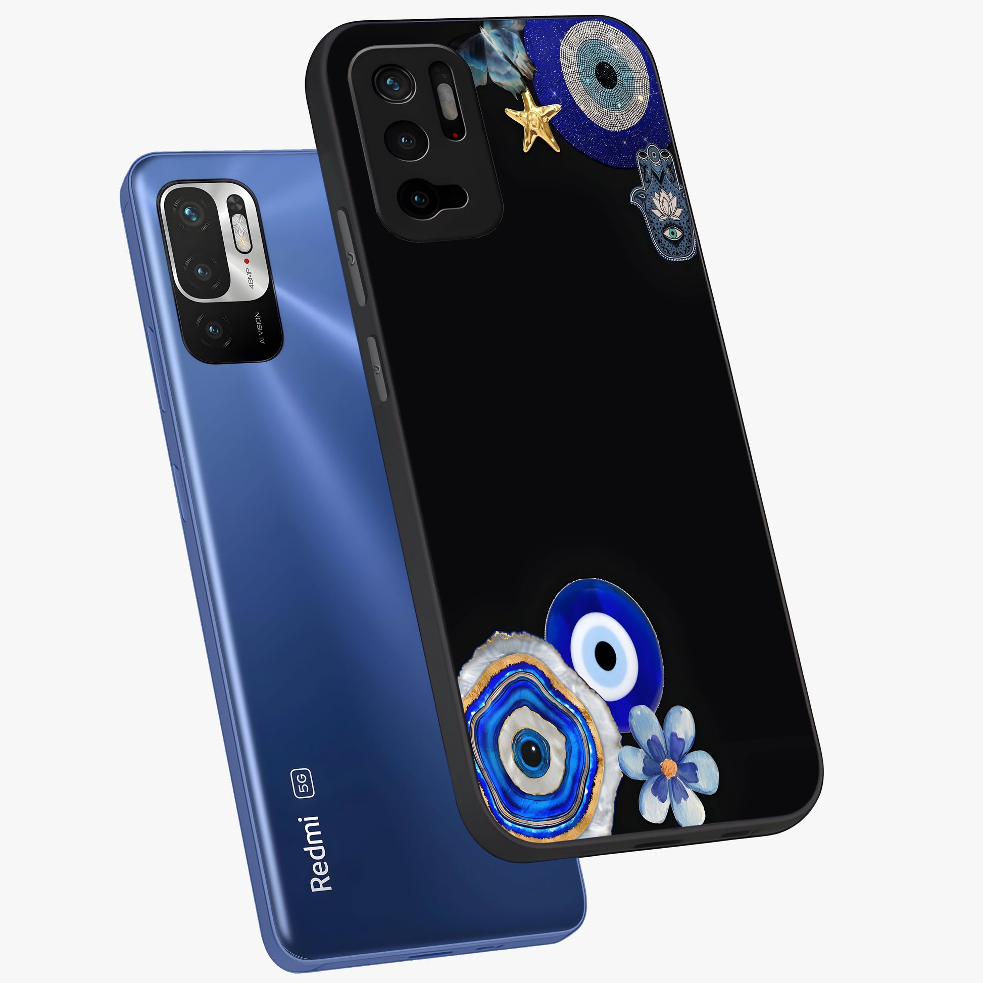 Aesthetic Blue Evil Eye Glass Case displayed in angled mockup highlighting blue evil eye symbol and spiritual aesthetic design.
