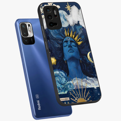 Aesthetic Lord Shiva Glass Case displayed in angled mockup highlighting spiritual Shiva illustration and sacred aesthetic design.