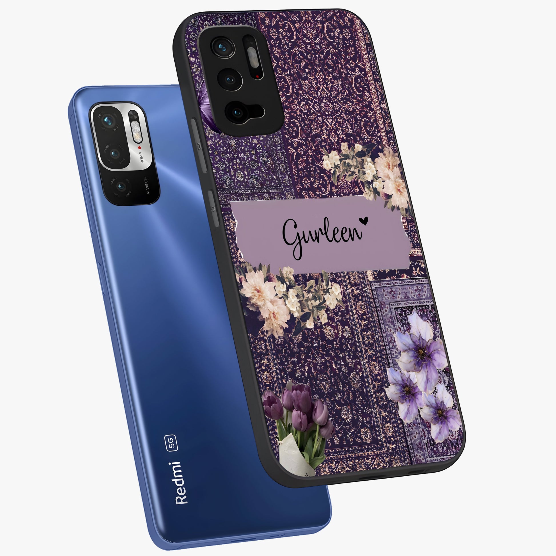 Antique Floral Whisper Custom Name Glass Case displayed in angled mockup highlighting elegant antique floral aesthetic.