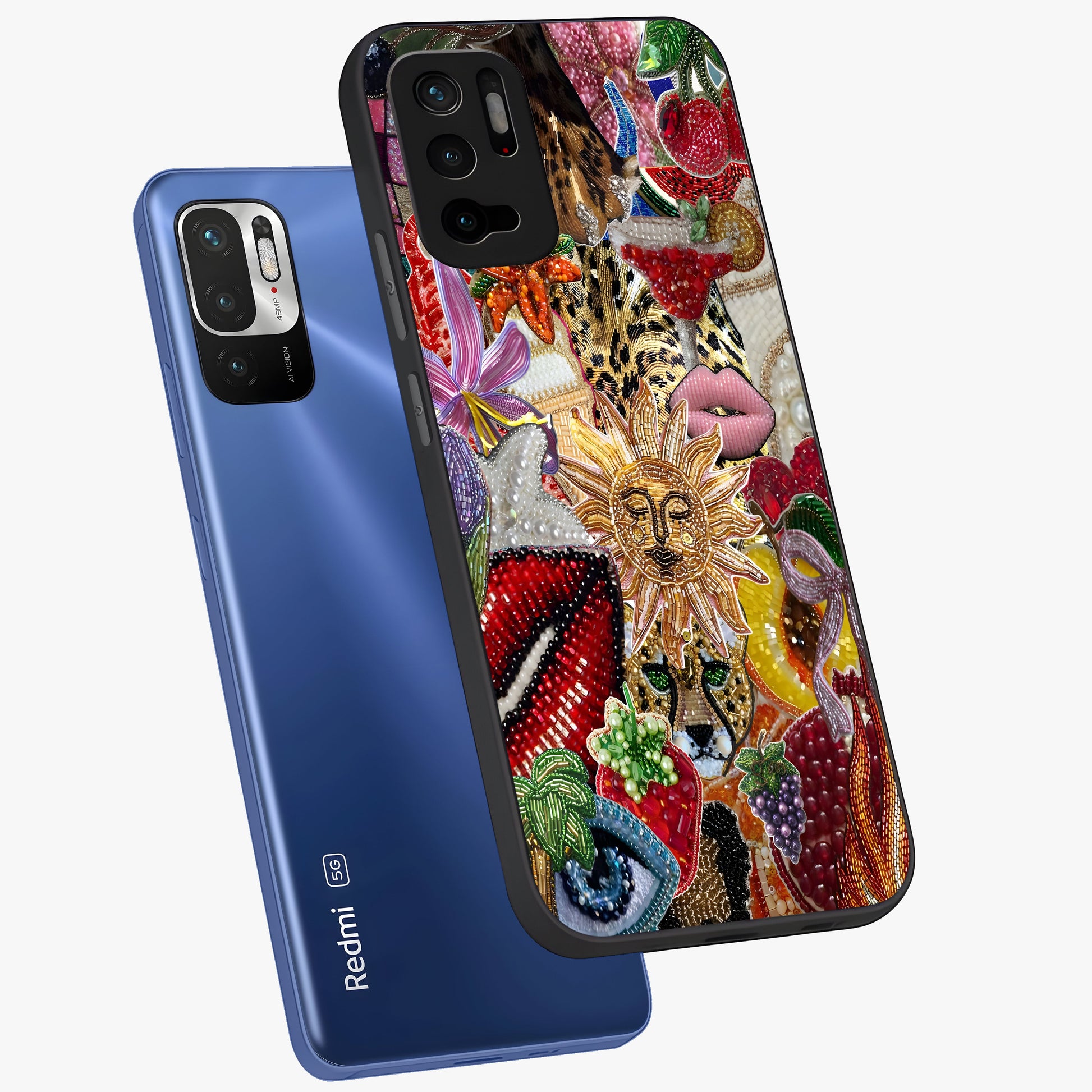 Beaded Fashion Jungle Glass Case displayed in angled mockup highlighting colorful fashion bead design and artistic pattern.