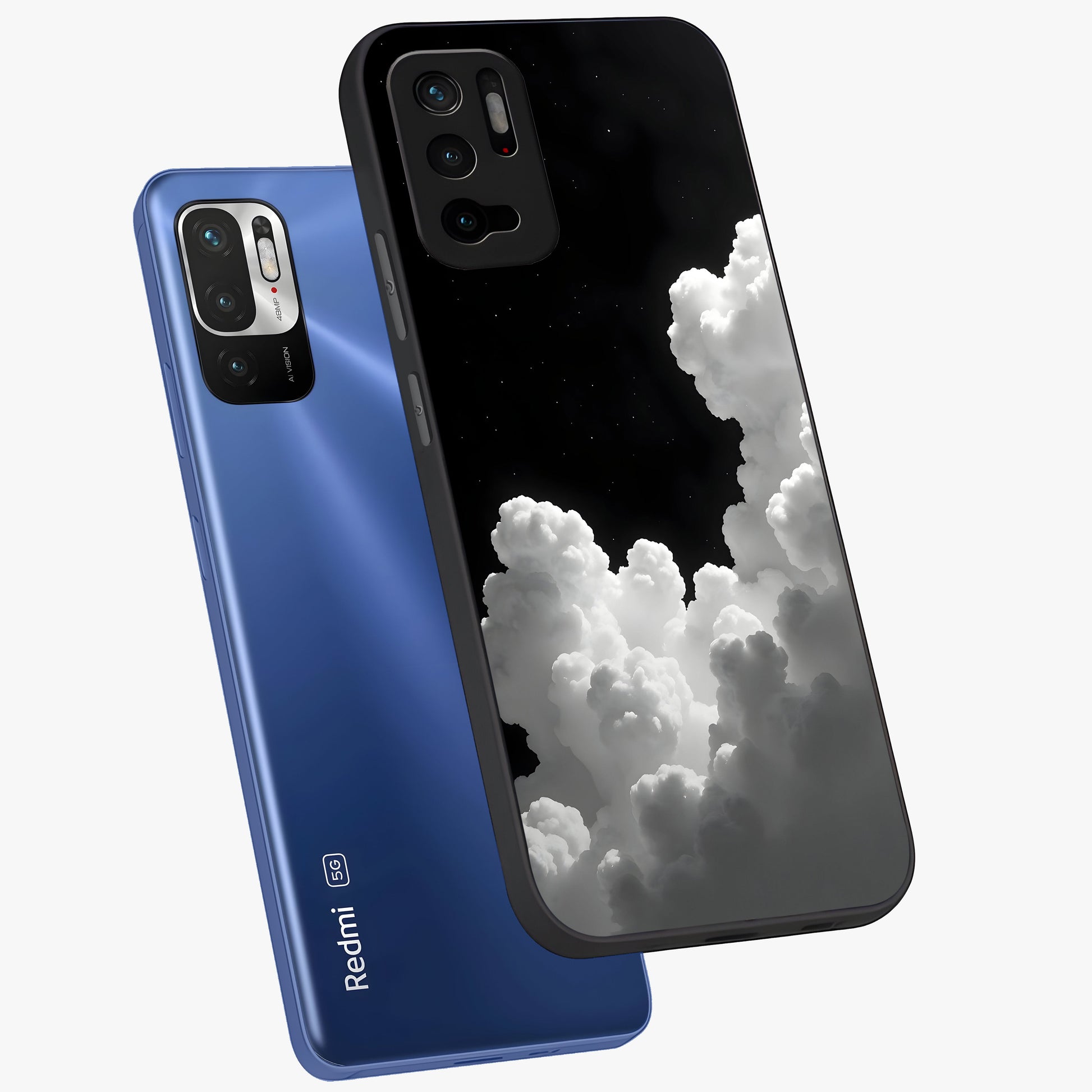 Black Background With White Cloud Glass Case displayed in angled mockup highlighting soft white cloud illustration and minimal design.