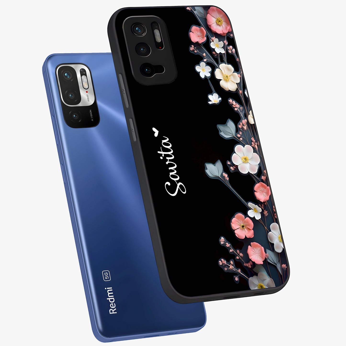 Black Elegance Floral Custom Name Glass Case displayed in angled mockup highlighting dark floral aesthetic and custom name feature.