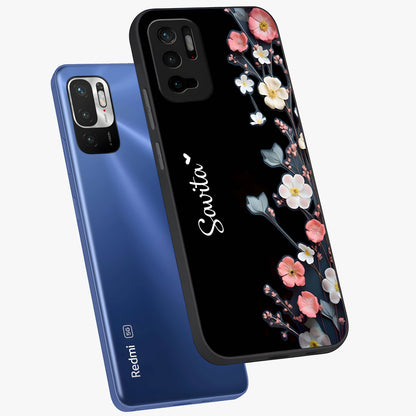 Black Elegance Floral Custom Name Glass Case displayed in angled mockup highlighting dark floral aesthetic and custom name feature.