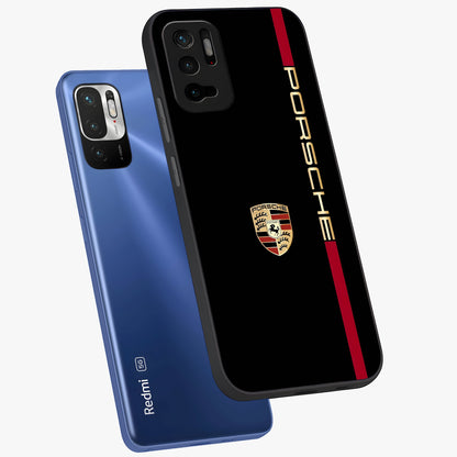 Black Minimal Porsche Glass Case displayed in angled mockup highlighting modern minimal car illustration and clean aesthetic design.