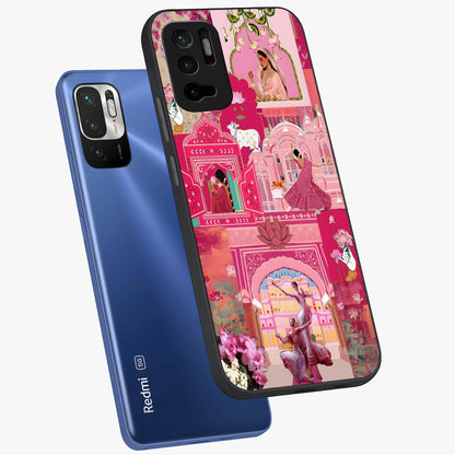 Blossoms of Rajasthan Glass Case displayed in angled mockup highlighting vibrant floral pattern with cultural aesthetic style.