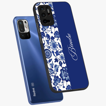 Blue Vintage Floral Pattern Glass Case displayed in angled mockup highlighting subtle bloom pattern with aesthetic pastel design.