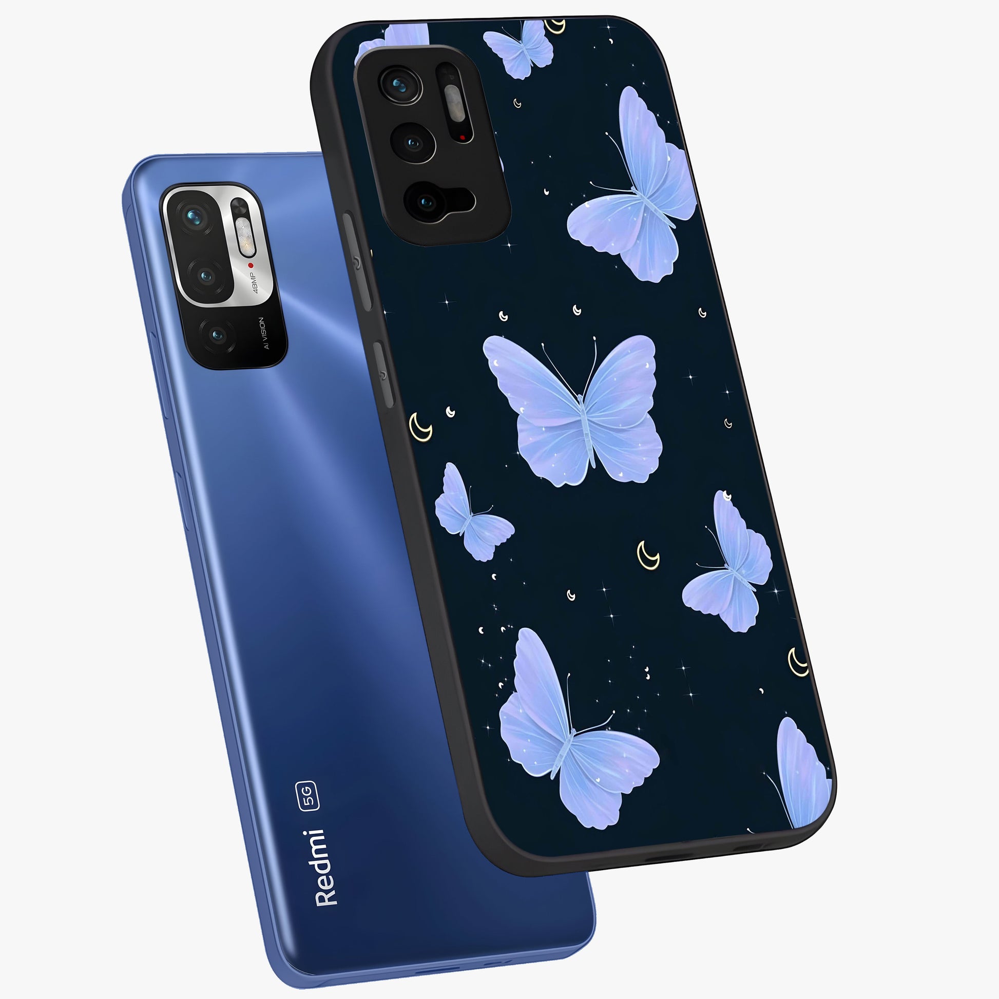 Butterfly With Stars Pattern Glass Case displayed in angled mockup highlighting dreamy butterfly and star design with aesthetic theme.