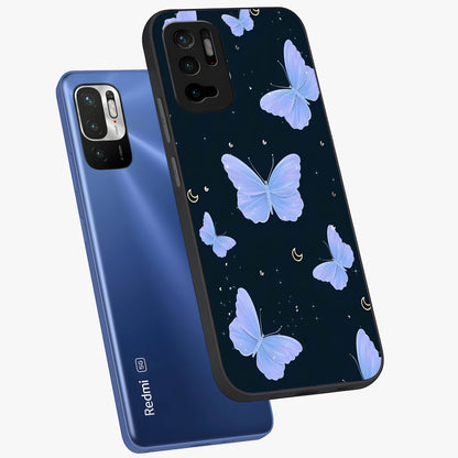 Butterfly With Stars Pattern Glass Case displayed in angled mockup highlighting dreamy butterfly and star design with aesthetic theme.