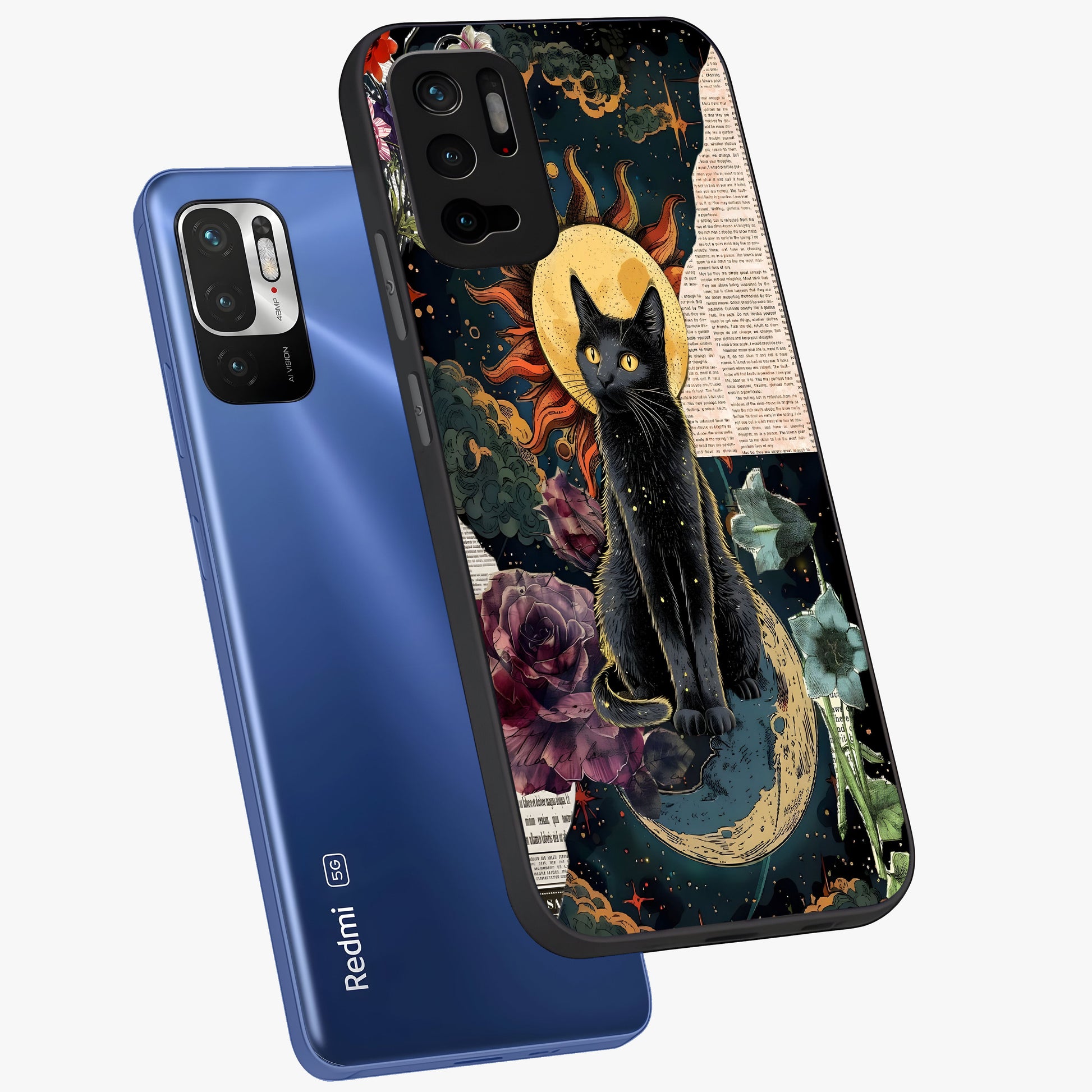 Celestial Black Cat Glass Case displayed in angled mockup highlighting cosmic black cat design with celestial aesthetic.