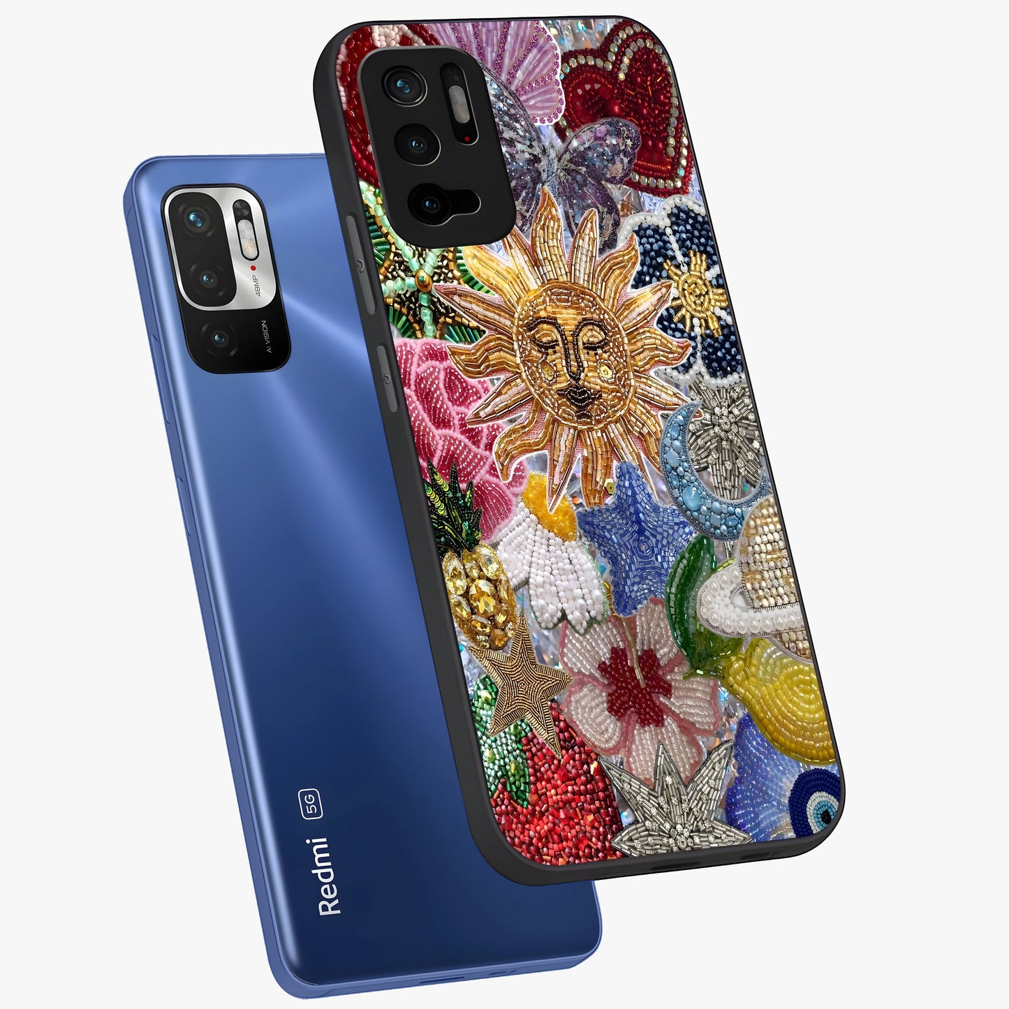 Celestial Floral and Playful Glass Case displayed in angled mockup highlighting playful floral design with dreamy celestial elements.