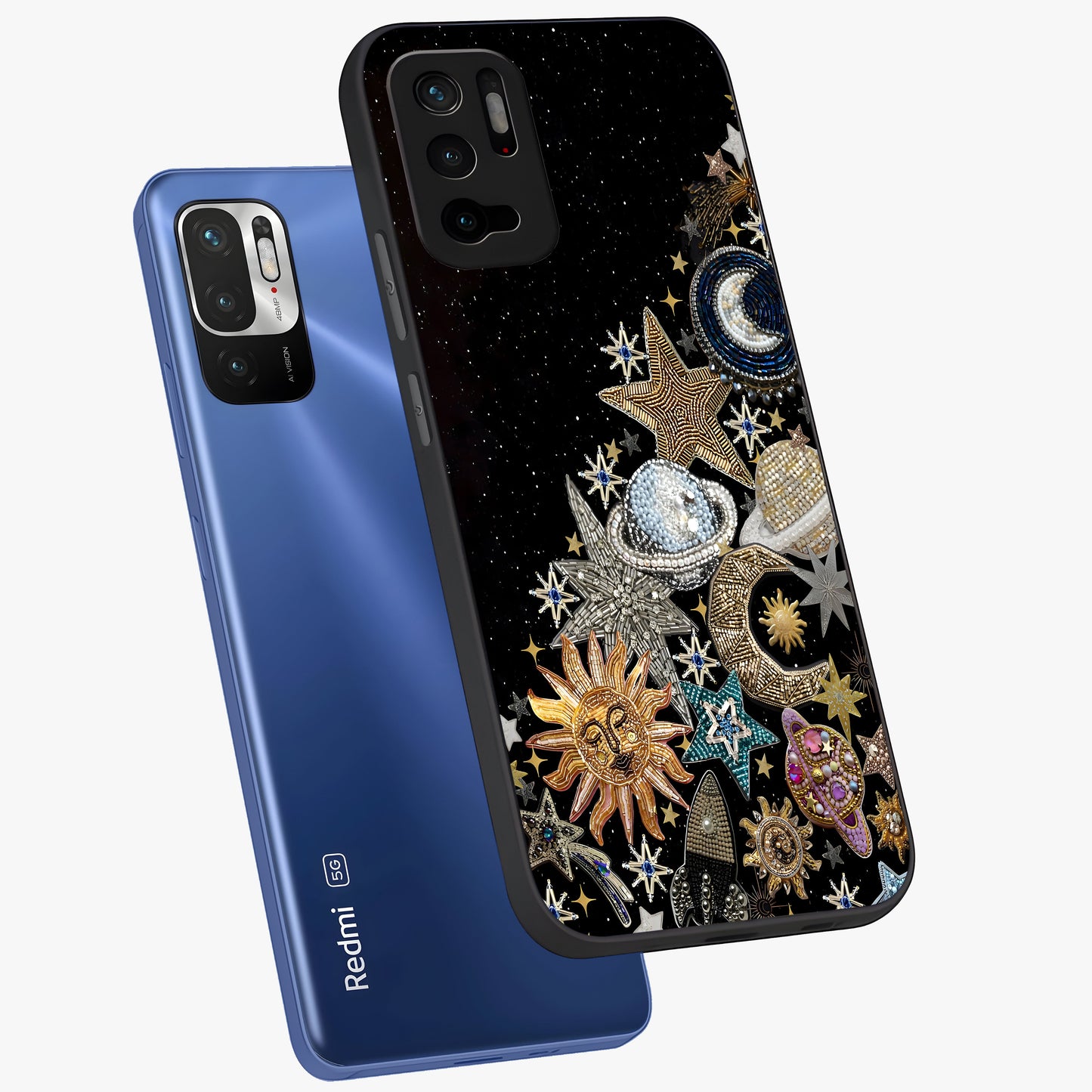 Cosmic Sparkle Dreams Glass Case displayed in angled mockup highlighting dreamy star sparkle design with celestial aesthetic.