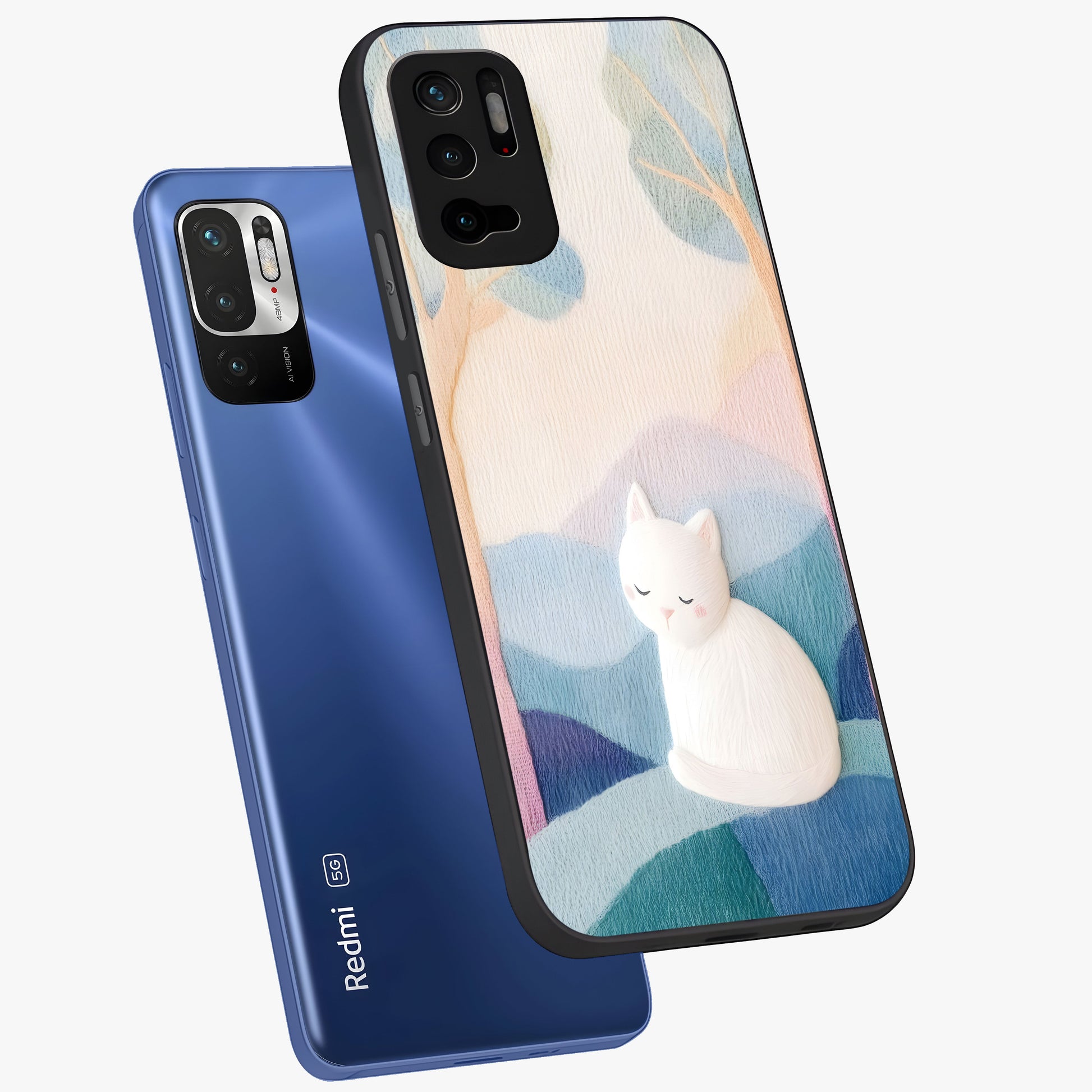 Cotton Dream Cat Glass Case displayed in angled mockup highlighting cute feline illustration with pastel aesthetic style.