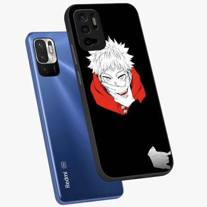 Crimson Chaos Smile Glass Case displayed in angled mockup highlighting edgy crimson smile design with graphic aesthetic.